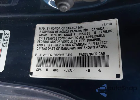 2011 Honda Civic Ex from USA, damaged, VIN 2HGFG1B82BH510400